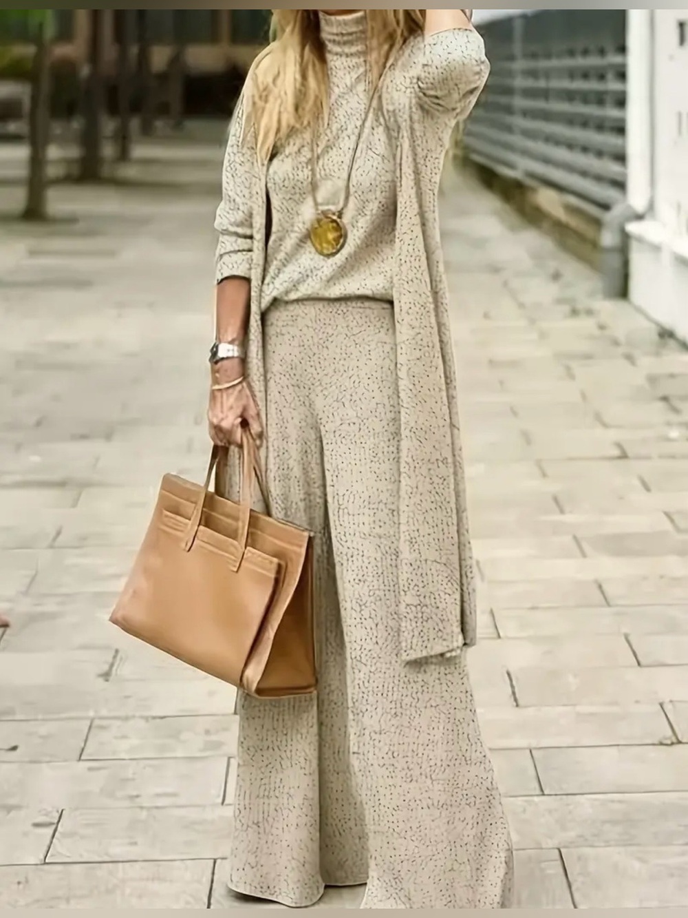 Elegant Solid Set Turtleneck Base Layer,cardigan,loose Fit Trouser (SKU642)